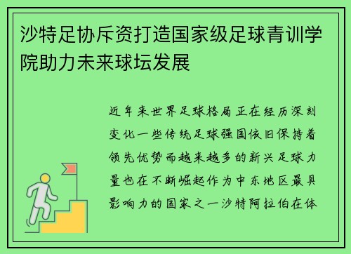 沙特足协斥资打造国家级足球青训学院助力未来球坛发展